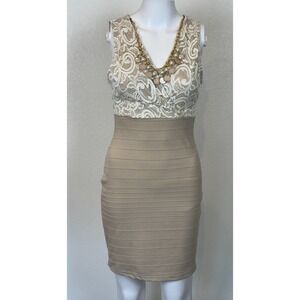 Papaya Sleeveless Bodycon Midi Dress Size M Beige Lace‎ Bodice Attached Necklace